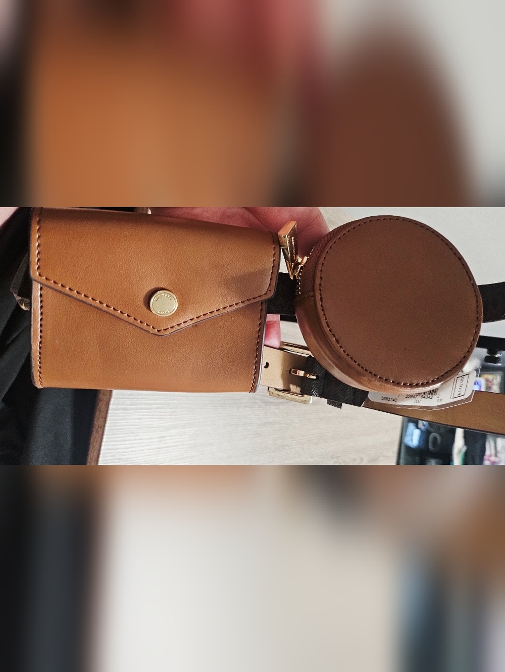 Auth. NWT Michael Kors Brown/Acorn Double Pouch Genuine Leather Belt Bag S/M